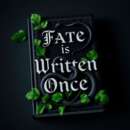 A captivating book cover design that embodies a dark and mysterious vibe, featuring rich green pesto leaves artistically arranged with a menacing black snake coiling around them, symbolizing tension and hidden dangers