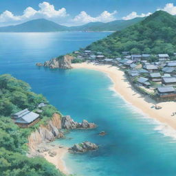 A serene coastal landscape in Japanese anime style, boasting pristine beaches and aquamarine waters, with a quaint seaside village nestled amidst lush vegetation.