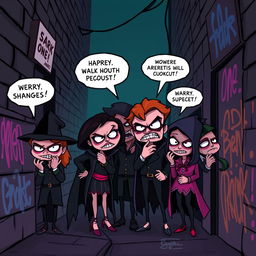 A cartoonish and exaggerated illustration of a dark gossip scene, featuring a group of comically villainous characters in a shadowy alley