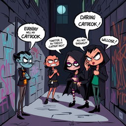 A cartoonish and exaggerated illustration of a dark gossip scene, featuring a group of comically villainous characters in a shadowy alley