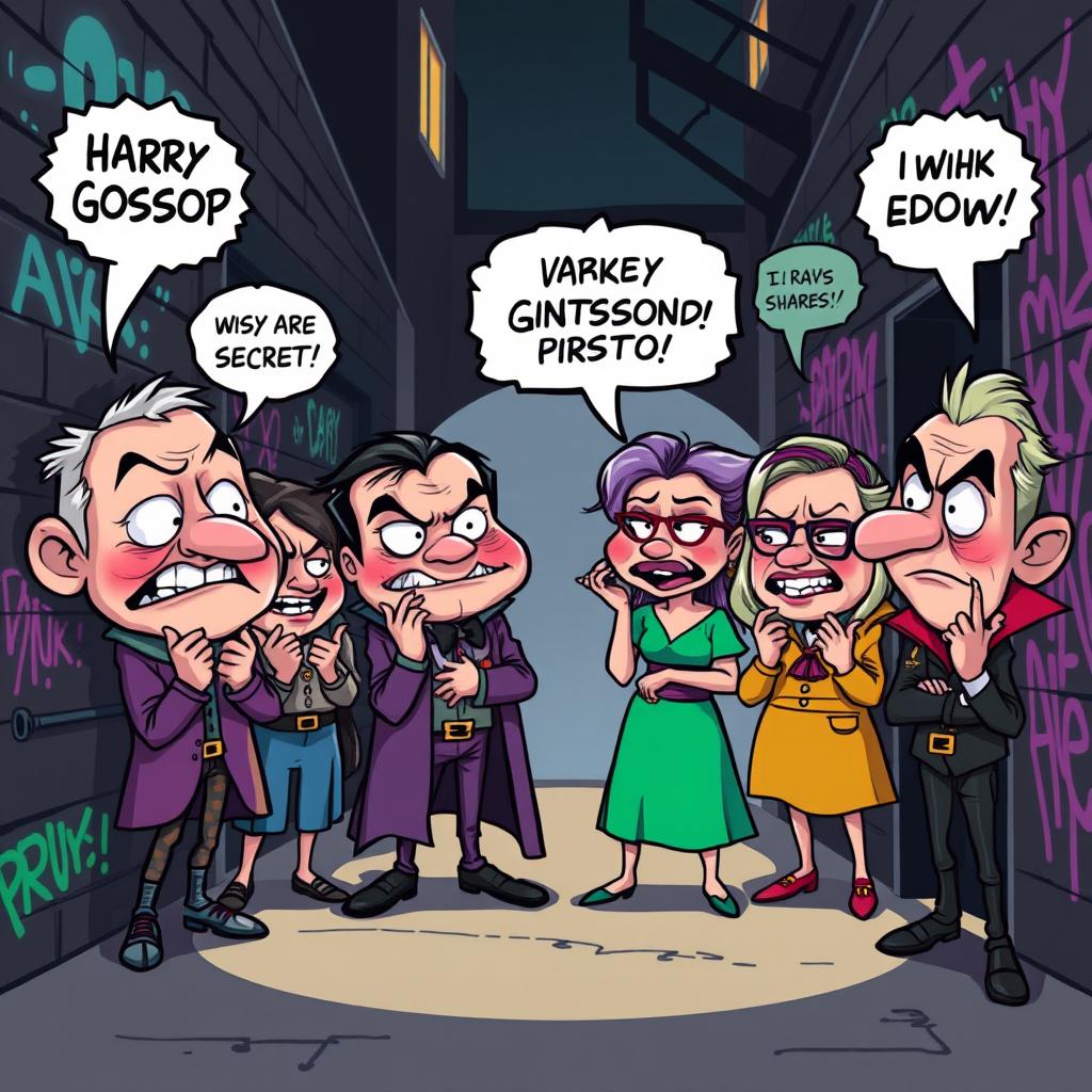 A cartoonish and exaggerated illustration of a dark gossip scene, featuring a group of comically villainous characters in a shadowy alley