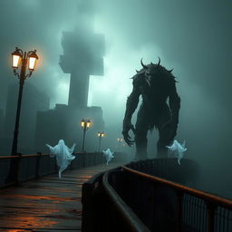 A terrifying urban scene featuring a monstrous creature standing on a dark, decrepit bridge