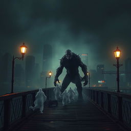 A terrifying urban scene featuring a monstrous creature standing on a dark, decrepit bridge