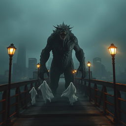 A terrifying urban scene featuring a monstrous creature standing on a dark, decrepit bridge