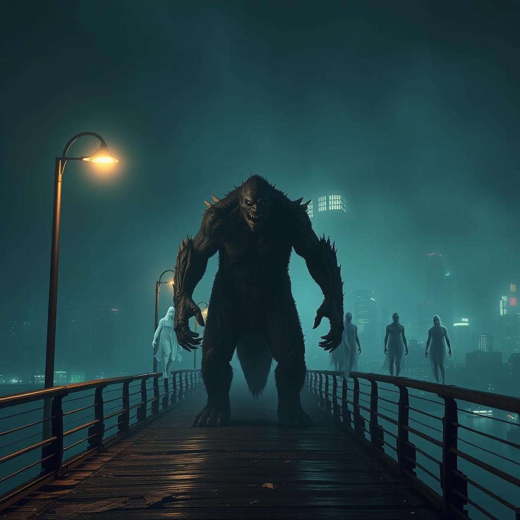 A terrifying urban scene featuring a monstrous creature standing on a dark, decrepit bridge