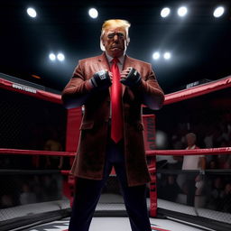 A lifelike depiction of Donald Trump in a UFC debut, dressed in appropriate UFC attire, standing confidently in the octagon before a match.