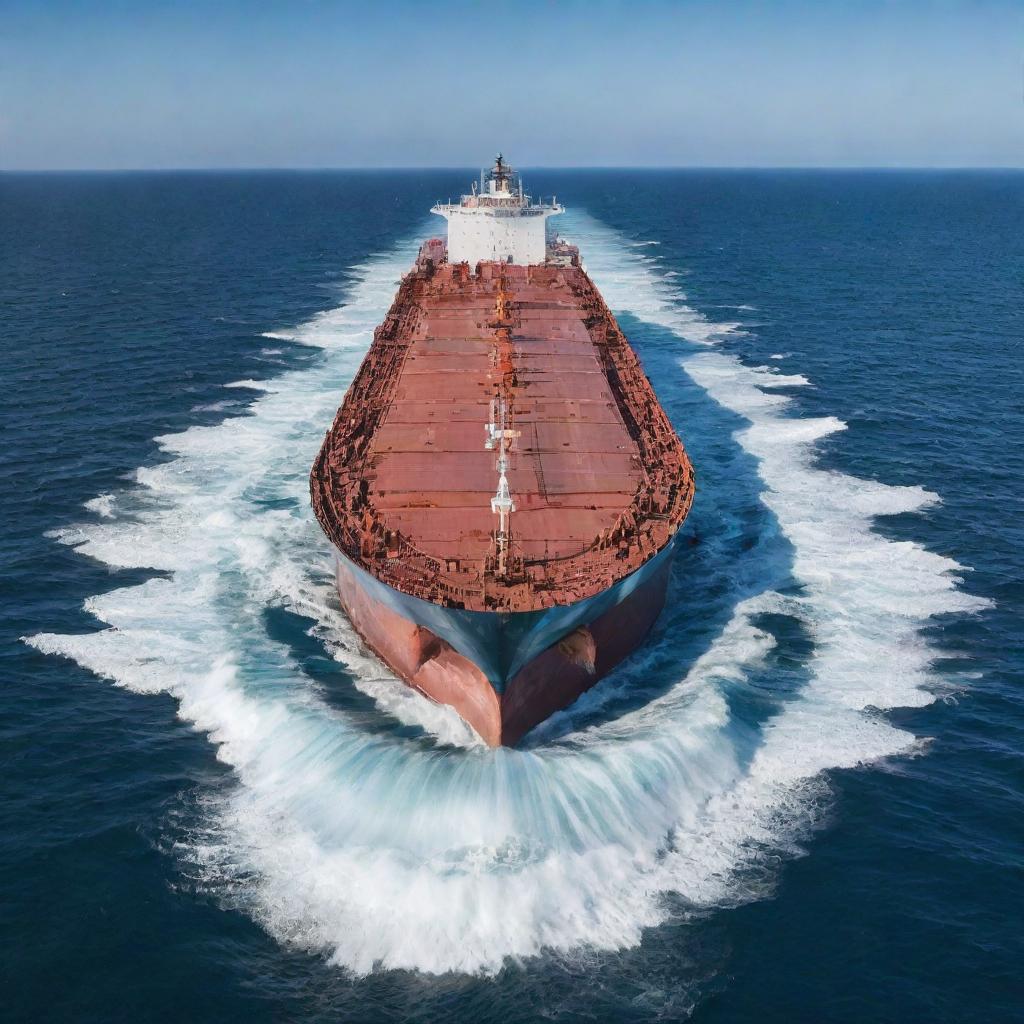 A gigantic tanker ship, fully laden, cutting through the vast blue ocean with white-capped waves breaking against its solid hull, under a clear sky.