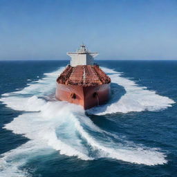 A gigantic tanker ship, fully laden, cutting through the vast blue ocean with white-capped waves breaking against its solid hull, under a clear sky.