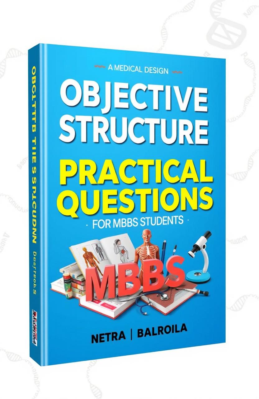 A beautifully designed cover for a medical book titled 'Objective Structure Practical Questions for MBBS Students'