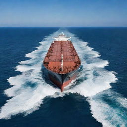 A gigantic tanker ship, fully laden, cutting through the vast blue ocean with white-capped waves breaking against its solid hull, under a clear sky.