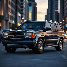 A modern SUV designed as a version of the 1984 Mercedes-Benz 1000SEL, featuring a similar front end with a classic grille and distinctive headlights reminiscent of the original model