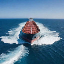 A gigantic tanker ship, fully laden, cutting through the vast blue ocean with white-capped waves breaking against its solid hull, under a clear sky.