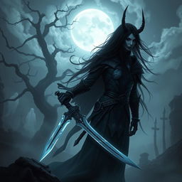A mystical shadar-kai warrior standing in an ethereal landscape, shrouded in shadowy mist