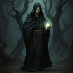 A shadar-kai cloaked cleric standing in a mystical, shadowy forest