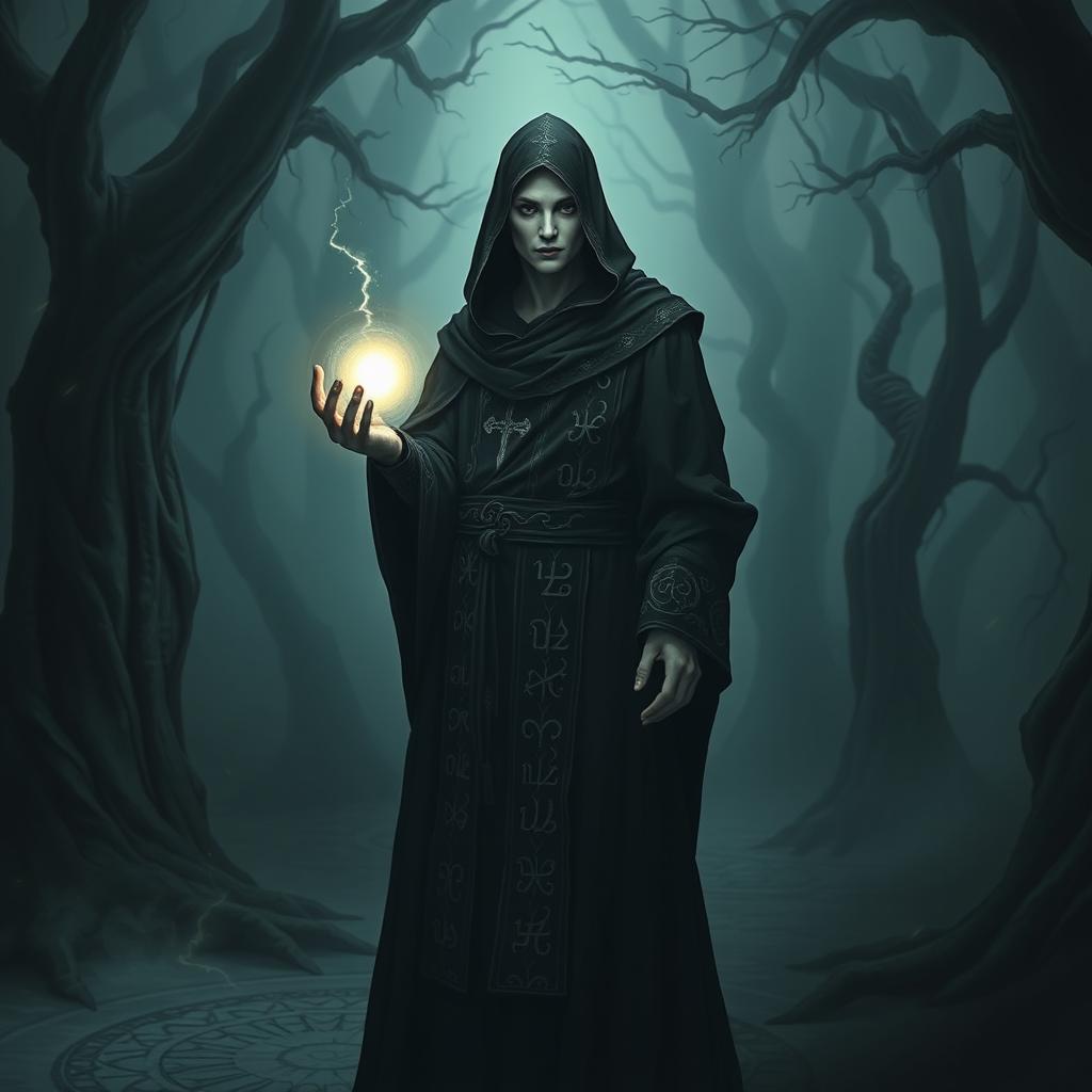 A shadar-kai cloaked cleric standing in a mystical, shadowy forest