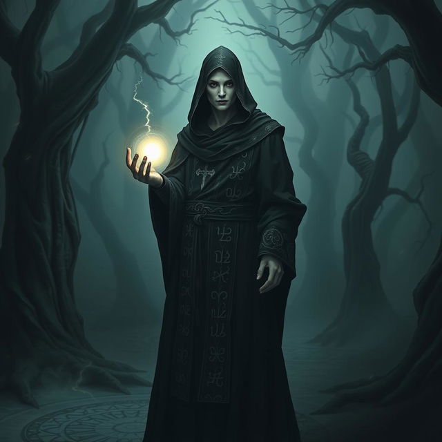 A shadar-kai cloaked cleric standing in a mystical, shadowy forest