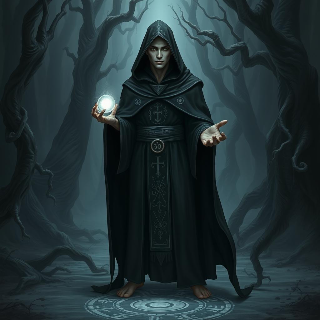 A shadar-kai cloaked cleric standing in a mystical, shadowy forest