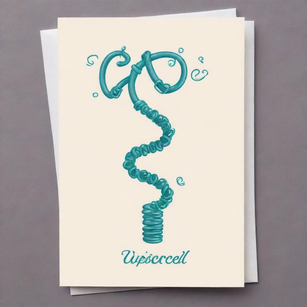 Design a cute, cartoon-style 'Corkscrew Confluence' card, an 'upcell' type. Imagine a delightfully creative cell dancing in elegant twists and turns, reflecting the graceful movements of a corkscrew-shaped spirochaetes bacteria.