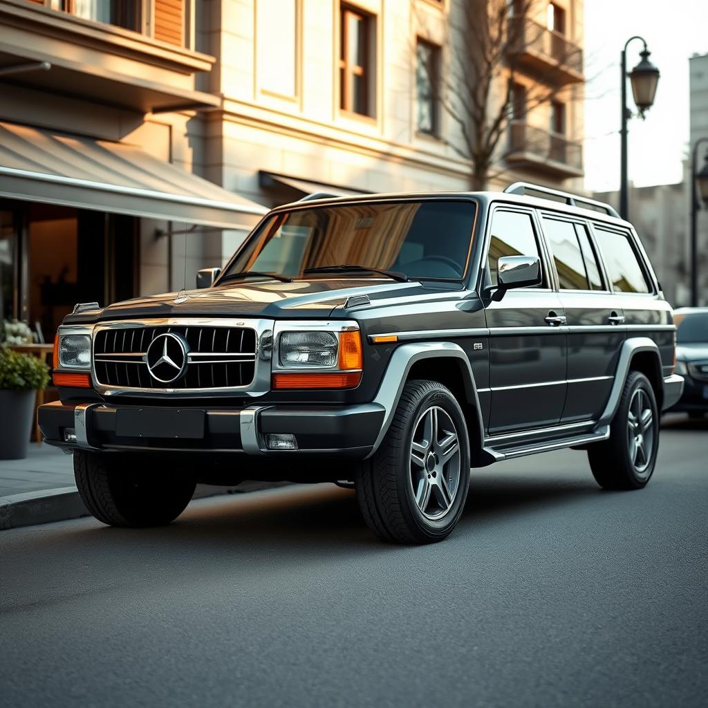 A modern SUV designed as a version of the 1984 Mercedes-Benz 1000SEL, featuring a front end that replicates the iconic grille and distinctive headlights of the original model