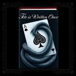 A dramatic book cover designed as a photo that features an Ace of Spades playing card at its center, intricately intertwined with a realistic snake