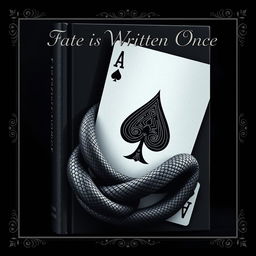 A dramatic book cover designed as a photo that features an Ace of Spades playing card at its center, intricately intertwined with a realistic snake