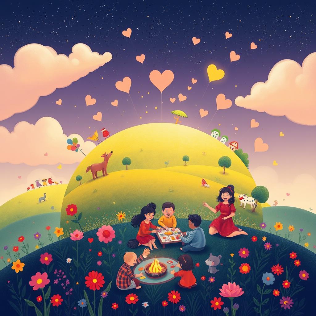 An imaginative and uplifting illustration titled "Planet of Happiness is a Family" featuring a vibrant, whimsical planet that symbolizes the joy and warmth of family life