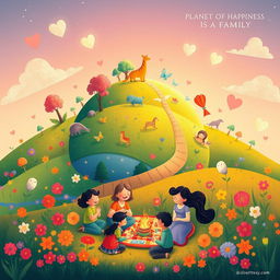 An imaginative and uplifting illustration titled "Planet of Happiness is a Family" featuring a vibrant, whimsical planet that symbolizes the joy and warmth of family life