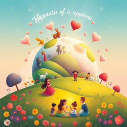 An imaginative and uplifting illustration titled "Planet of Happiness is a Family" featuring a vibrant, whimsical planet that symbolizes the joy and warmth of family life