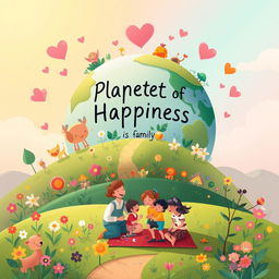 An imaginative and uplifting illustration titled "Planet of Happiness is a Family" featuring a vibrant, whimsical planet that symbolizes the joy and warmth of family life