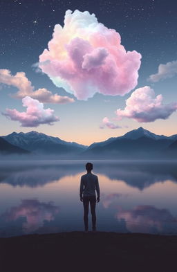 A surreal and ethereal landscape where dreams are visually represented as colorful, shimmering clouds floating in a twilight sky