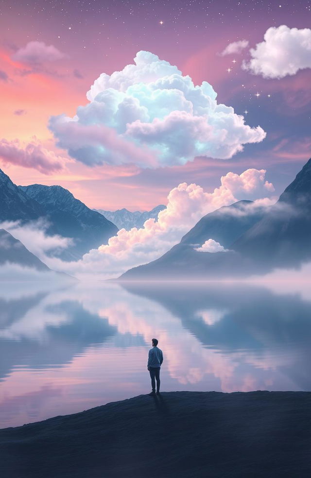 A surreal and ethereal landscape where dreams are visually represented as colorful, shimmering clouds floating in a twilight sky