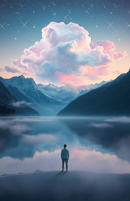 A surreal and ethereal landscape where dreams are visually represented as colorful, shimmering clouds floating in a twilight sky