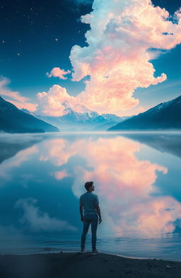 A surreal and ethereal landscape where dreams are visually represented as colorful, shimmering clouds floating in a twilight sky