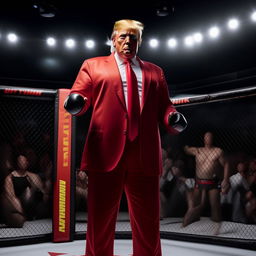 A lifelike depiction of Donald Trump in a UFC debut, dressed in appropriate UFC attire, standing confidently in the octagon before a match.