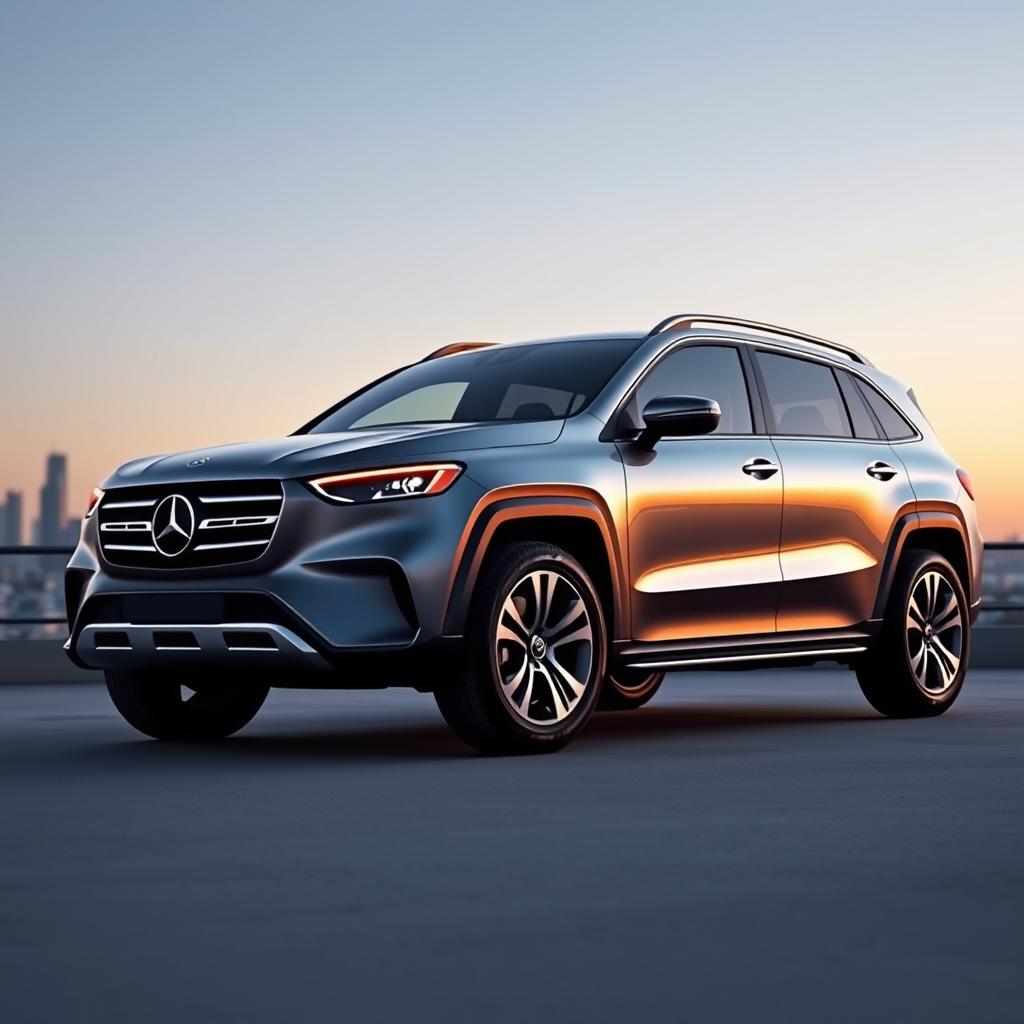 A modern SUV inspired by the 1984 Mercedes-Benz T200, showcasing a front end that mimics the classic design with a prominent grille and iconic headlights