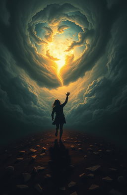 A surreal depiction of a person chasing a glowing dream represented as a vibrant, ethereal light amidst a shadowy landscape filled with dark clouds and swirling winds, symbolizing pain and disappointment