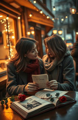 A deeply emotive scene depicting a nostalgic moment between two lovers in an urban setting, where one partner reminisces about the other