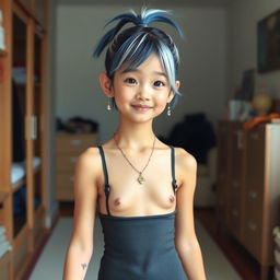 A beautiful young Japanese girl with short blue and white hair styled in a ponytail, displaying a playful expression