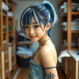 A beautiful young Japanese girl with short blue and white hair styled in a ponytail, displaying a playful expression