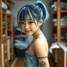 A beautiful young Japanese girl with short blue and white hair styled in a ponytail, displaying a playful expression