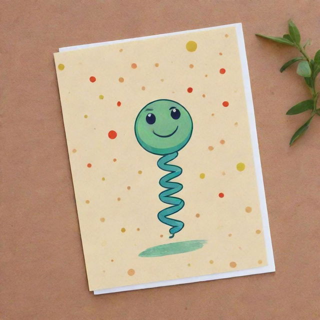 Create a cute 'Corkscrew Confluence' card, an 'upcell' type. Featuring a cheerful cell with a face expression, the cell dances with elegant swirls, drawing inspiration from the corkscrew-shaped spirochaetes bacteria, representing the chance to play two cards.