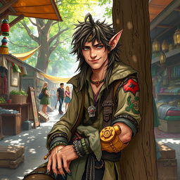 A lascivious, ironic half-elf vagabond with an adventurous spirit, wearing tattered but stylish clothing, showcasing an array of colorful patches and accessories