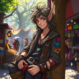 A lascivious, ironic half-elf vagabond with an adventurous spirit, wearing tattered but stylish clothing, showcasing an array of colorful patches and accessories