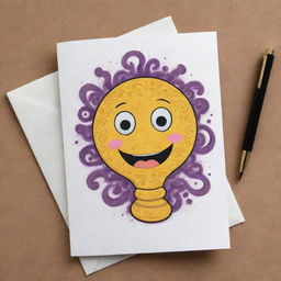 Create a cute 'Corkscrew Confluence' card, an 'upcell' type. Featuring a cheerful cell with a face expression, the cell dances with elegant swirls, drawing inspiration from the corkscrew-shaped spirochaetes bacteria, representing the chance to play two cards.