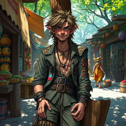 A lascivious, ironic half-elf vagabond with an adventurous spirit, wearing tattered but stylish clothing, showcasing an array of colorful patches and accessories