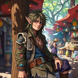 A lascivious, ironic half-elf vagabond with an adventurous spirit, wearing tattered but stylish clothing, showcasing an array of colorful patches and accessories