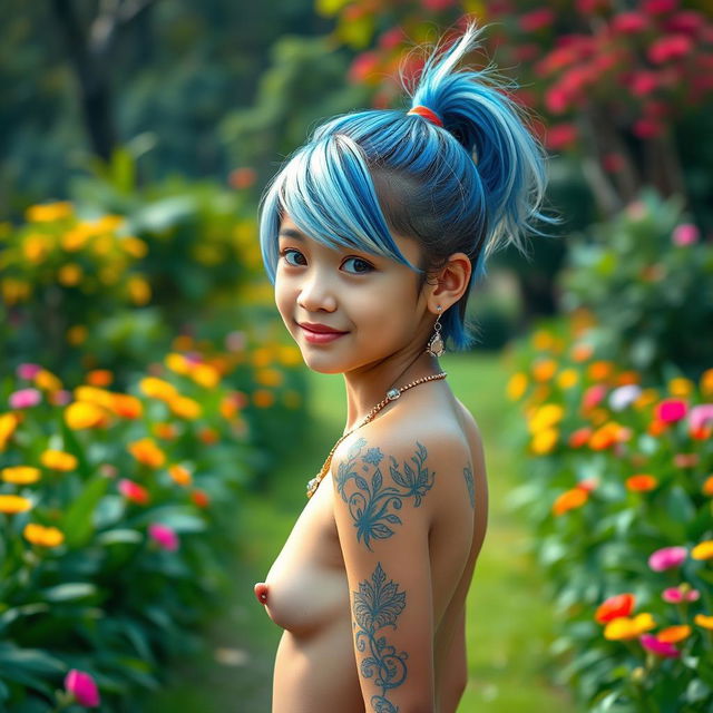 A beautiful young girl with short blue and white hair styled in a ponytail, displaying a playful expression