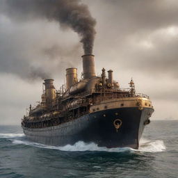 A vast steampunk tanker, assembled with brass plates, steam engines, and array of whistles and bells, sailing through the sea under the smoky haze of a coal-fired, Victorian-era sky.