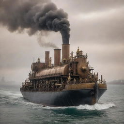 A vast steampunk tanker, assembled with brass plates, steam engines, and array of whistles and bells, sailing through the sea under the smoky haze of a coal-fired, Victorian-era sky.