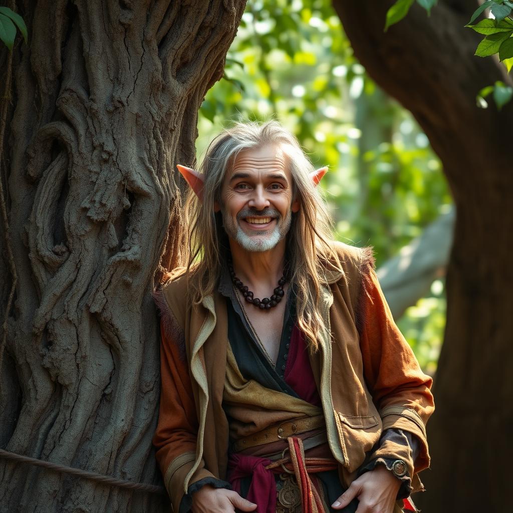 A lascivious and ironic middle-aged half-elf vagabond, around 40 years old, dressed in tattered but colorful clothing that reflects a carefree lifestyle